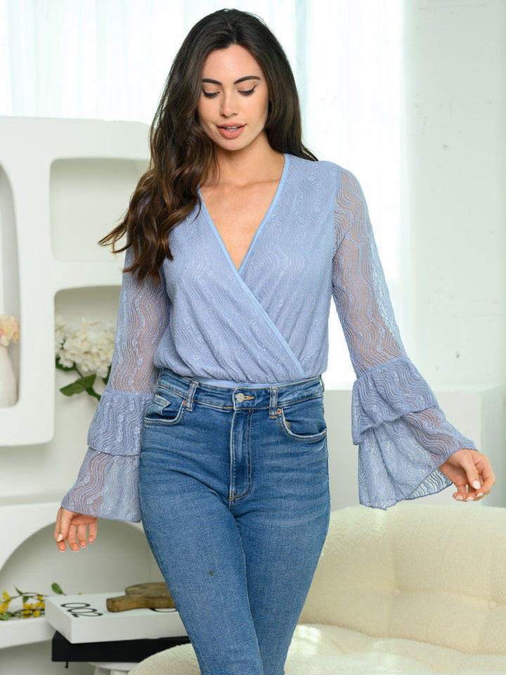 WOMEN'S LONG BELL SLEEVE SURPLICE LACE BODYSUIT