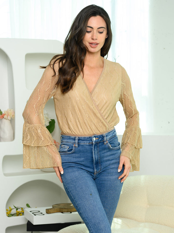 WOMEN'S LONG BELL SLEEVE SURPLICE LACE BODYSUIT