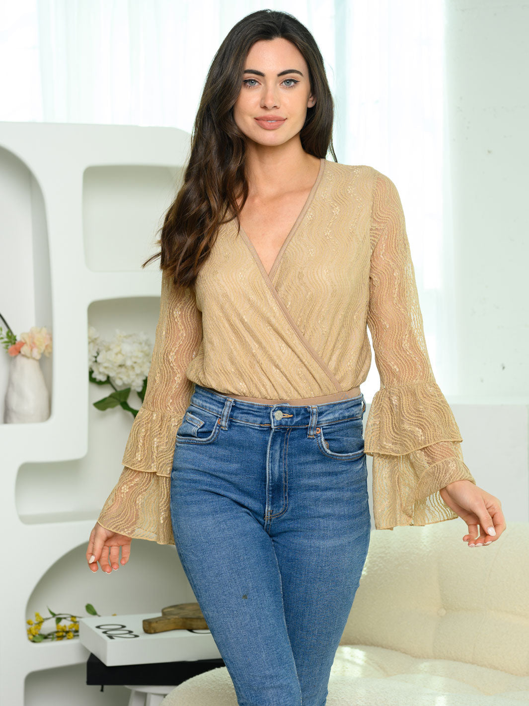 WOMEN'S LONG BELL SLEEVE SURPLICE LACE BODYSUIT