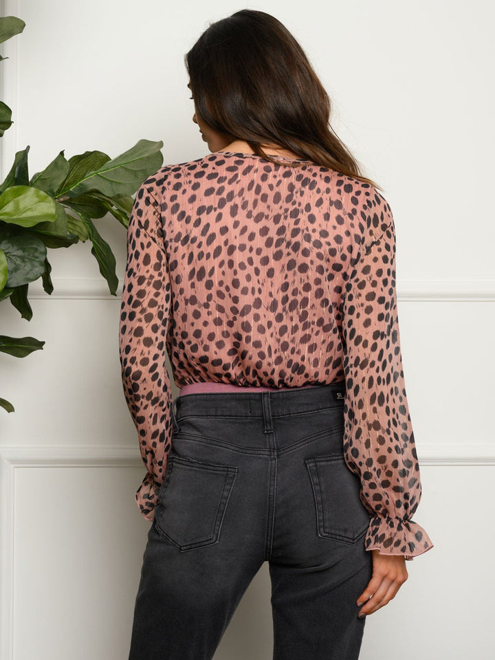 WOMEN'S LONG SLEEVE SURPLICE ANIMAL PRINT BODYSUIT