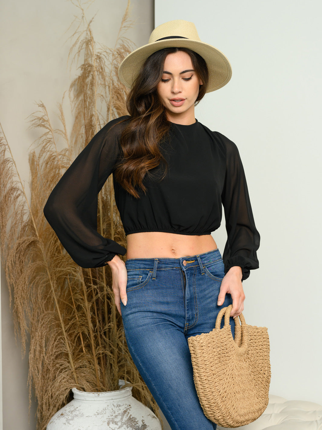WOMEN'S LONG SLEEVE OPEN BACK CROP TOP