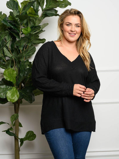 PLUS SIZE V-NECK WAFFLE LONG SLEEVE TOP