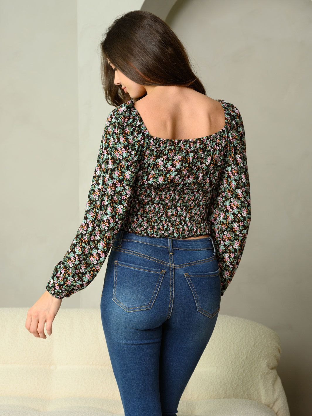 WOMEN'S DITSY FLORAL PRINT WITH SMOCKING WAIST & SELF TIE LONG SLEEVE TOP