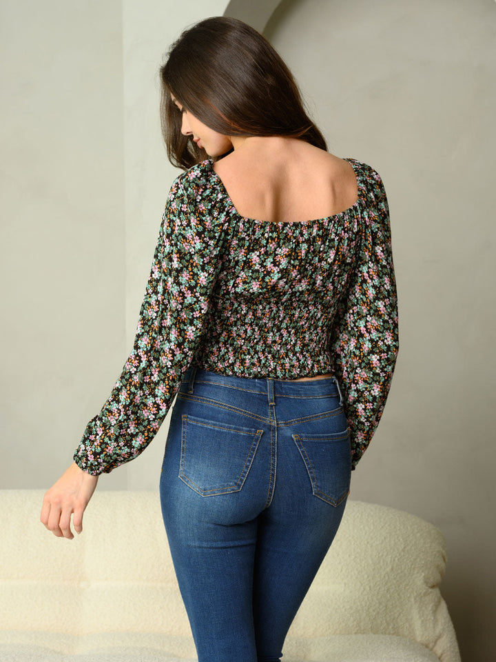 WOMEN'S DITSY FLORAL PRINT WITH SMOCKING WAIST & SELF TIE LONG SLEEVE TOP