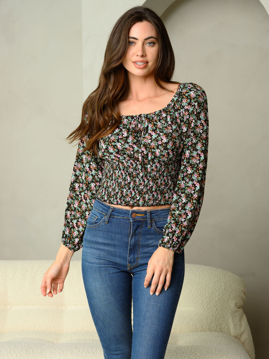 WOMEN'S DITSY FLORAL PRINT WITH SMOCKING WAIST & SELF TIE LONG SLEEVE TOP