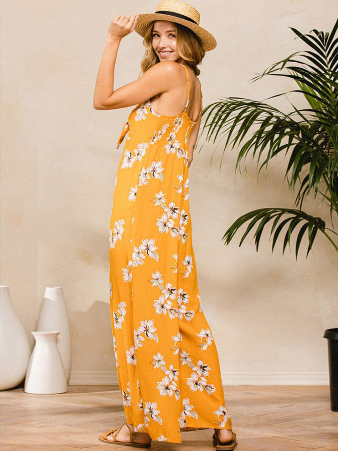 WOMEN'S SLEEVELESS V-NECK POCKETS FLORAL JUMPSUIT