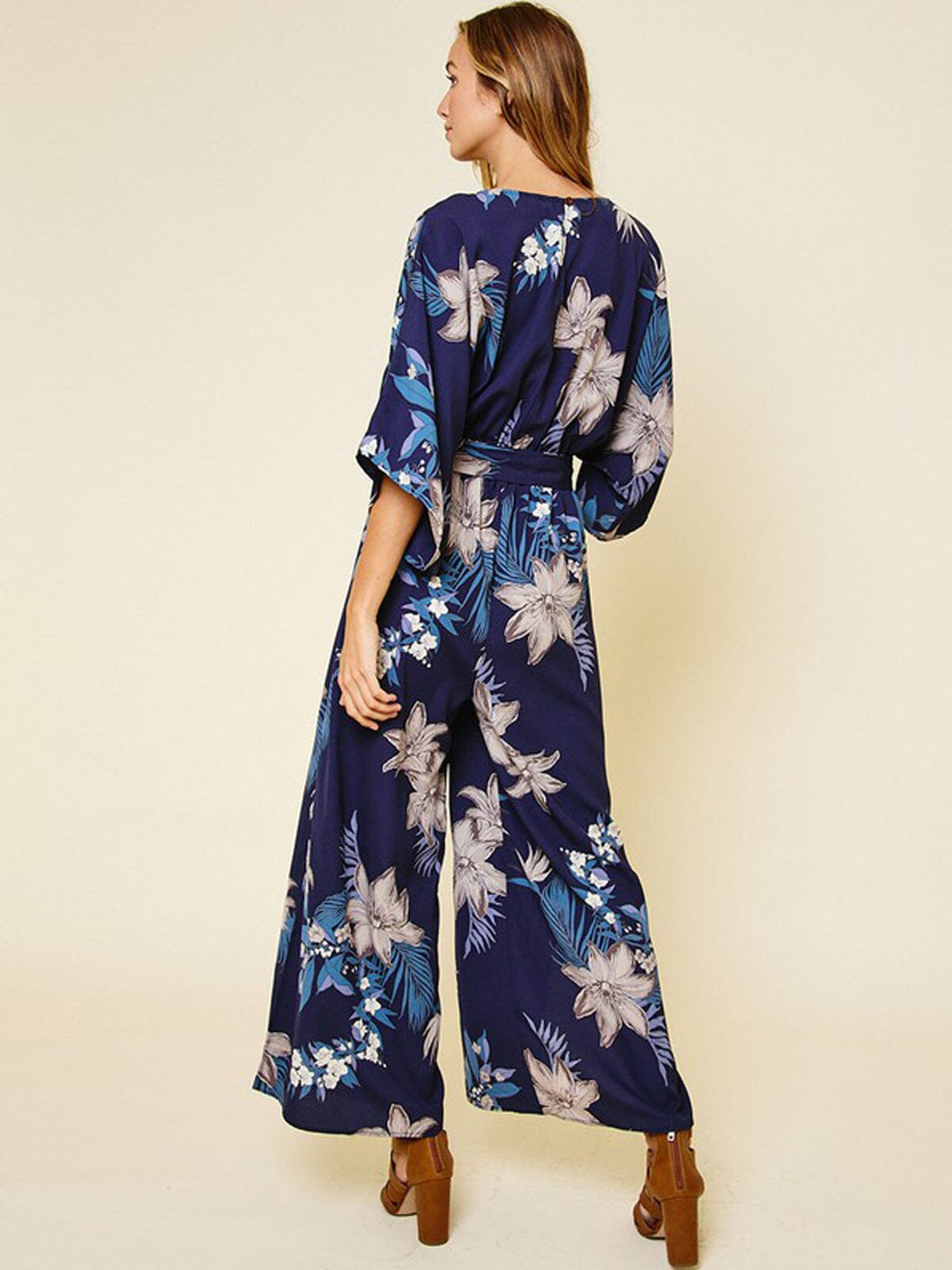 WOMEN'S 3/4 SLEEVE V-NECK SIDE SLIT FLORAL JUMPSUIT