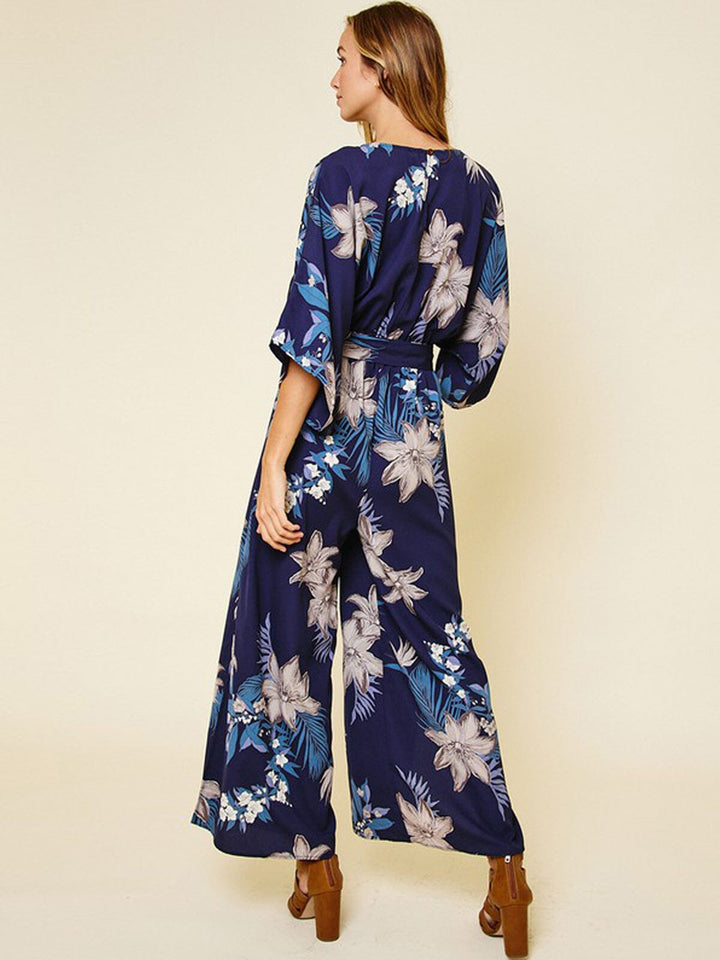 WOMEN'S 3/4 SLEEVE V-NECK SIDE SLIT FLORAL JUMPSUIT