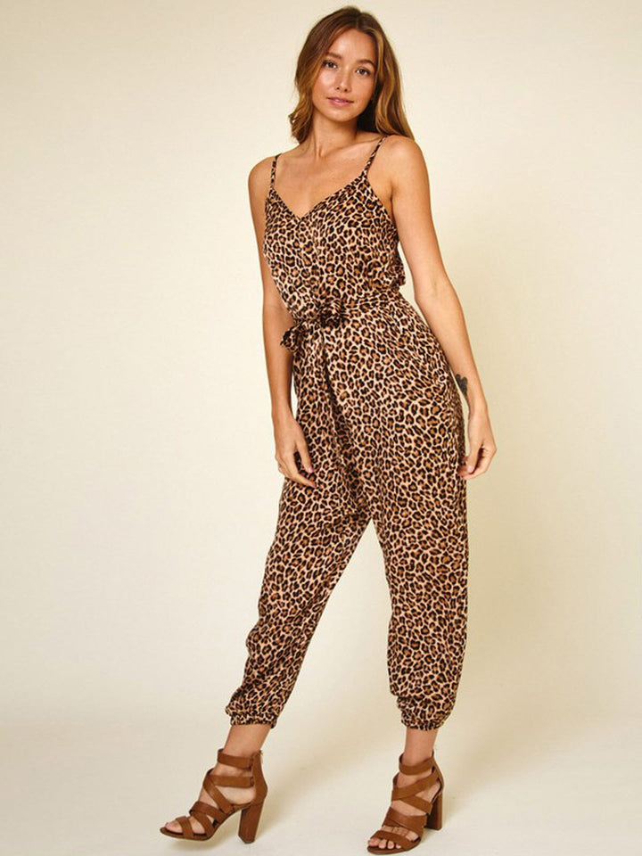 WOMEN'S SLEEVELESS V-NECK POCKETS ANIMAL PRINT JUMPSUIT