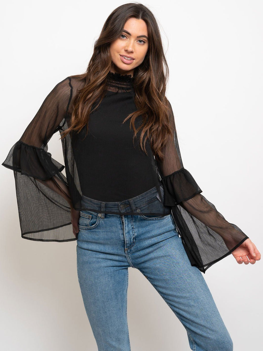 WOMEN'S RUFFLE SLEEVES SMOCKING MOCK TOP