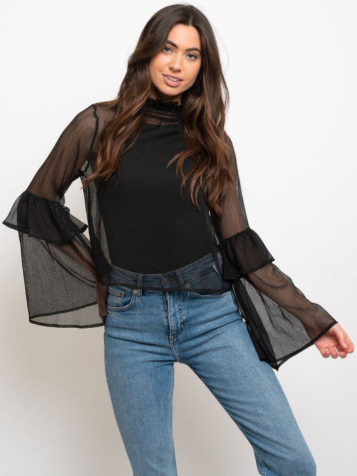 WOMEN'S RUFFLE SLEEVES SMOCKING MOCK TOP