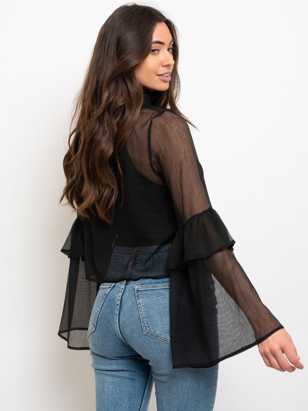 WOMEN'S RUFFLE SLEEVES SMOCKING MOCK TOP