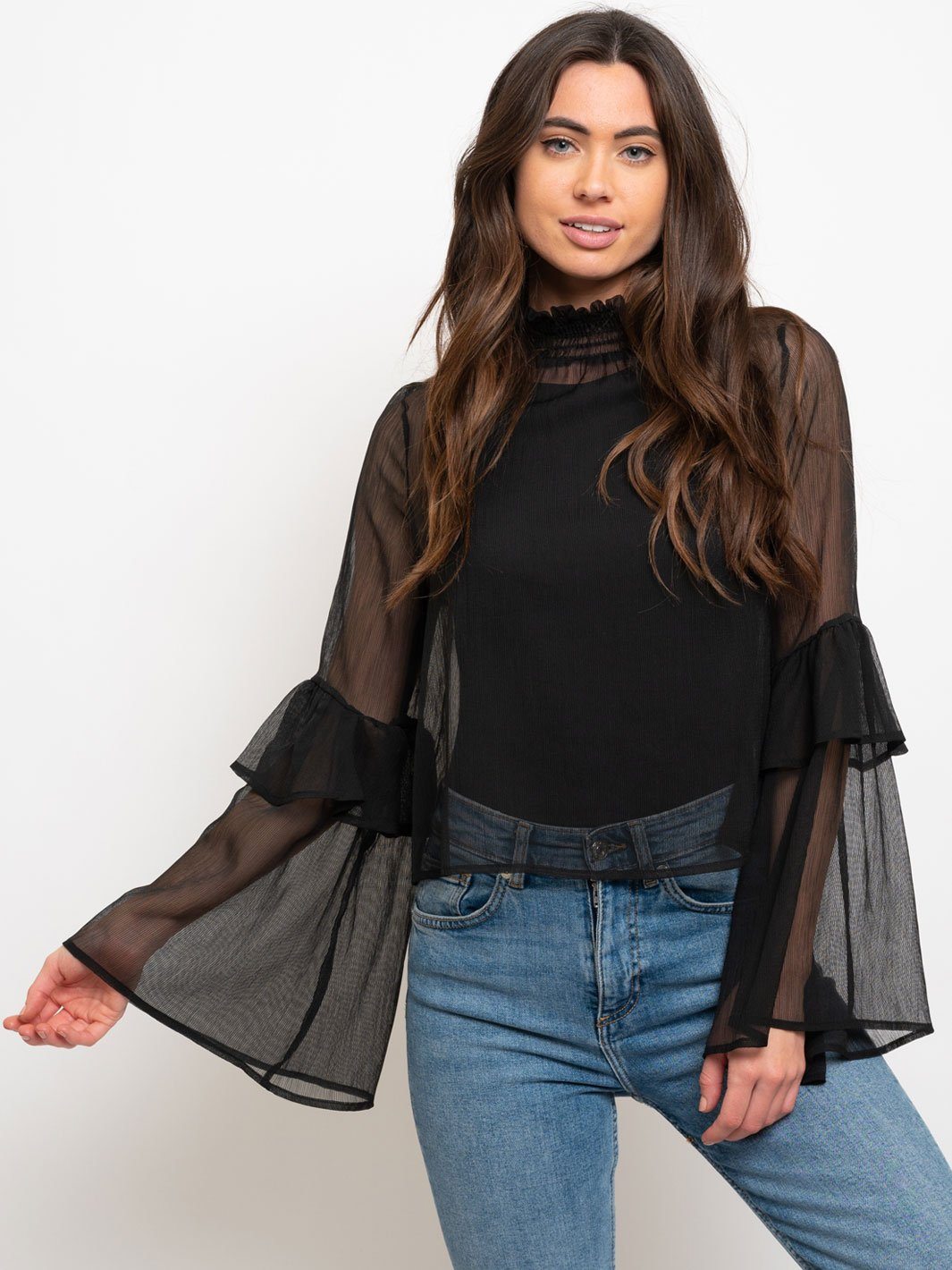 WOMEN'S RUFFLE SLEEVES SMOCKING MOCK TOP