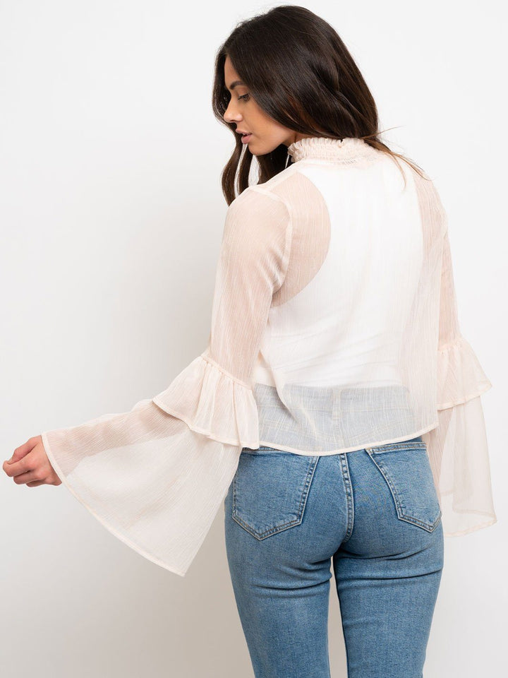 WOMEN'S RUFFLE SLEEVES SMOCKING MOCK TOP