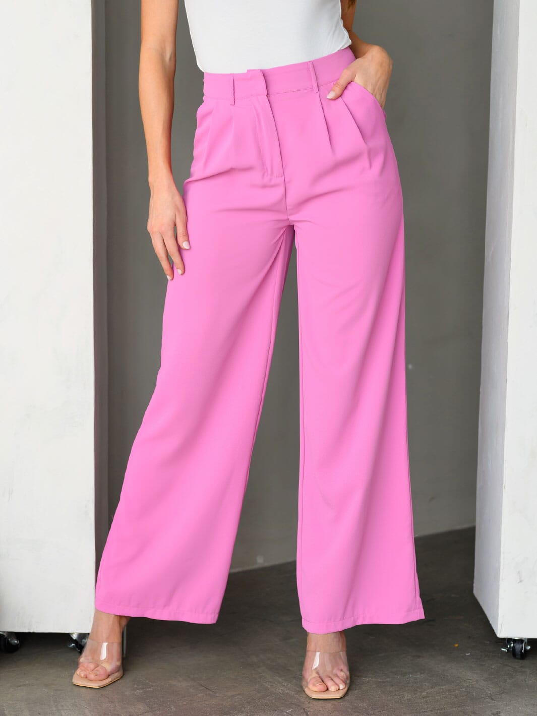 WOMEN'S WIDE LEG POCKETS PLEATED PANTS