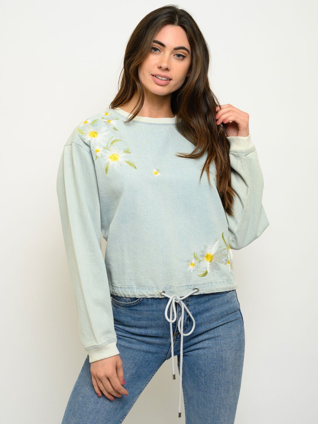 WOMEN'S LONG SLEEVE CHAMBRAY EMBROIDERY TOP