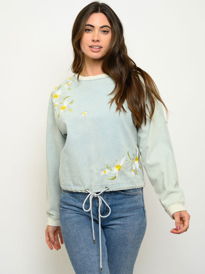 WOMEN'S LONG SLEEVE CHAMBRAY EMBROIDERY TOP