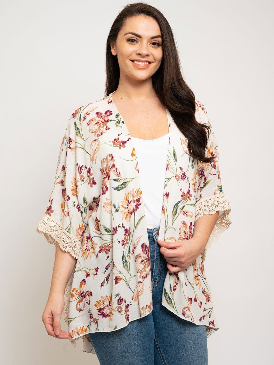 PLUS SIZE FLORAL OPEN CARDIGAN