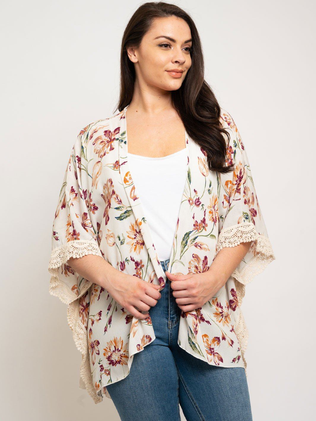PLUS SIZE FLORAL OPEN CARDIGAN
