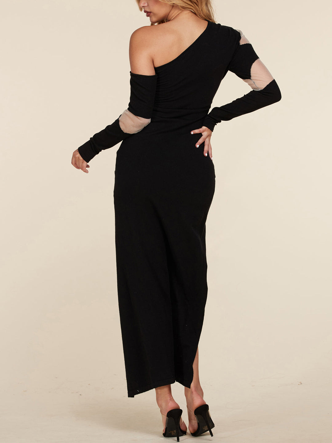 WOMEN'S LONG SLEEVE SIDE SLIT MESH MAXI DRESS
