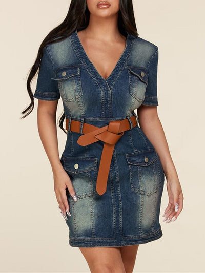 WOMEN'S SHORT SLEEVE V-NECK BELTED DENIM WASHED MINI DRESS