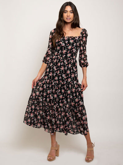 WOMEN'S 3/4 SLEEVES SMOCKED BACK FLORAL MAXI DRESS