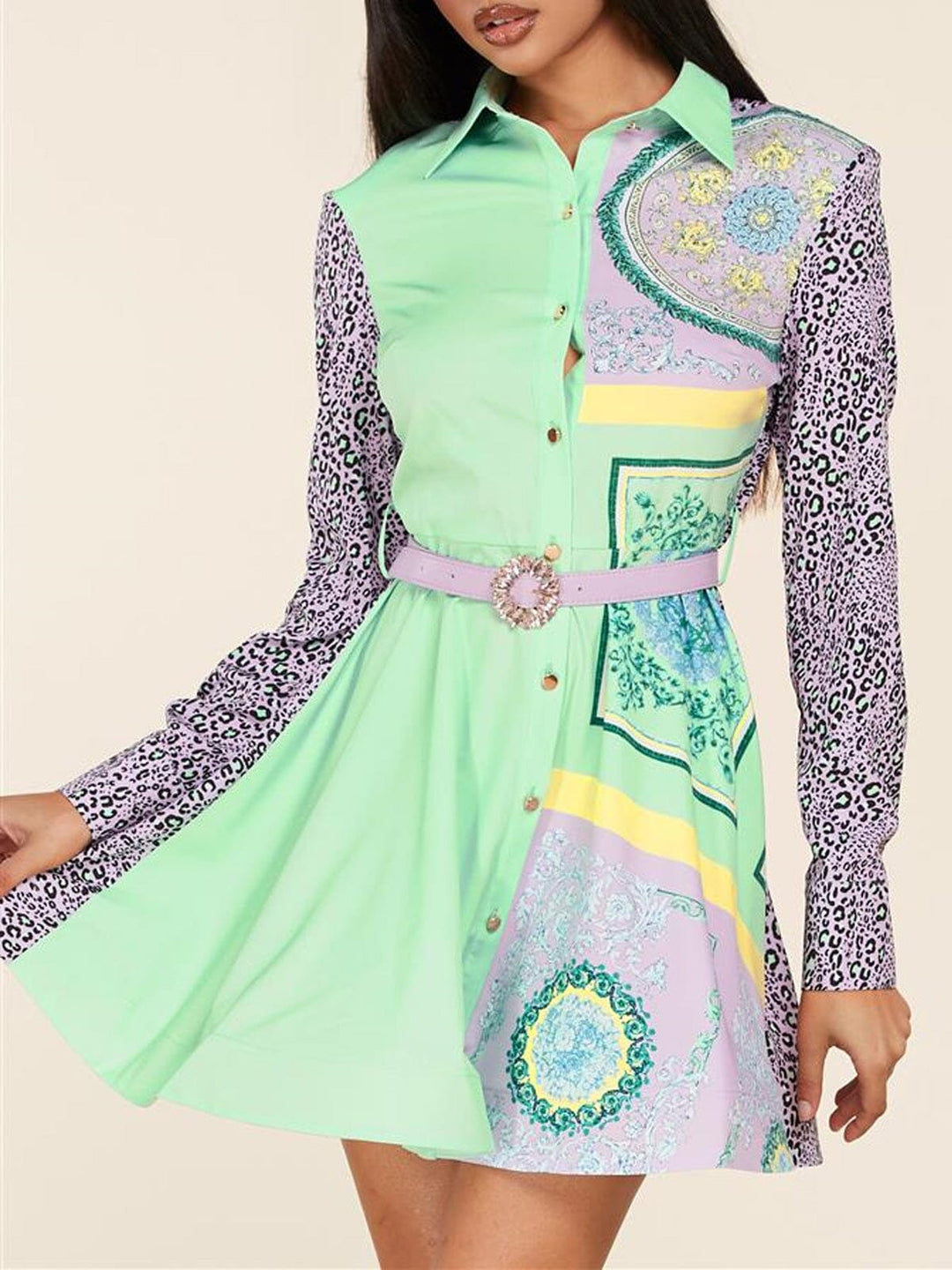 WOMEN'S LONG SLEEVE BUTTON UP MULTI PRINT FRONT BELTED MINI DRESS