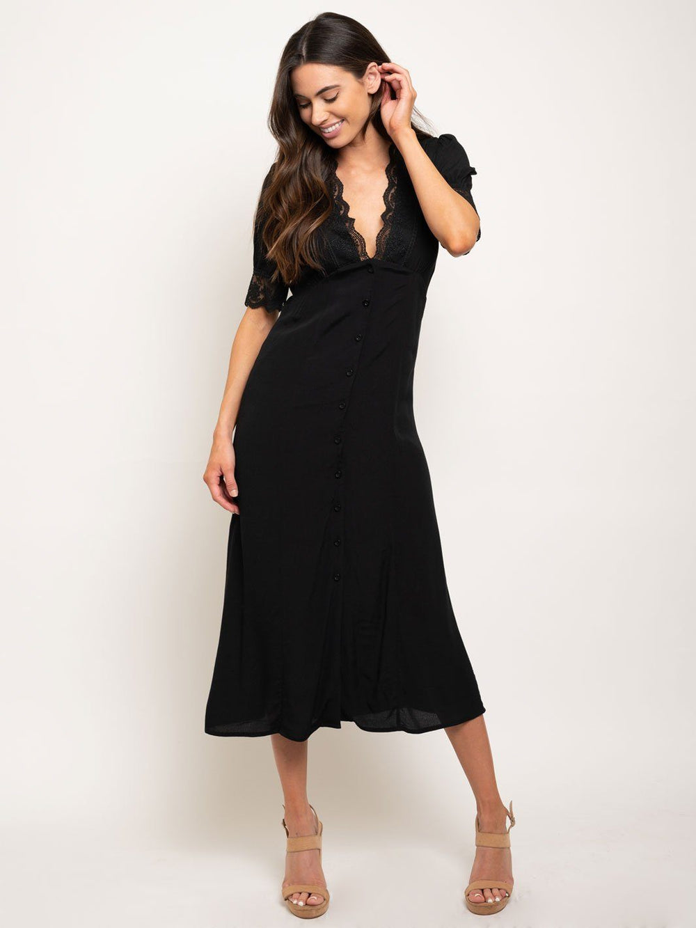 WOMEN'S BUTTON DOWN LACE ACCENTS MIDI DRESS