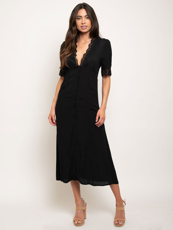 WOMEN'S BUTTON DOWN LACE ACCENTS MIDI DRESS