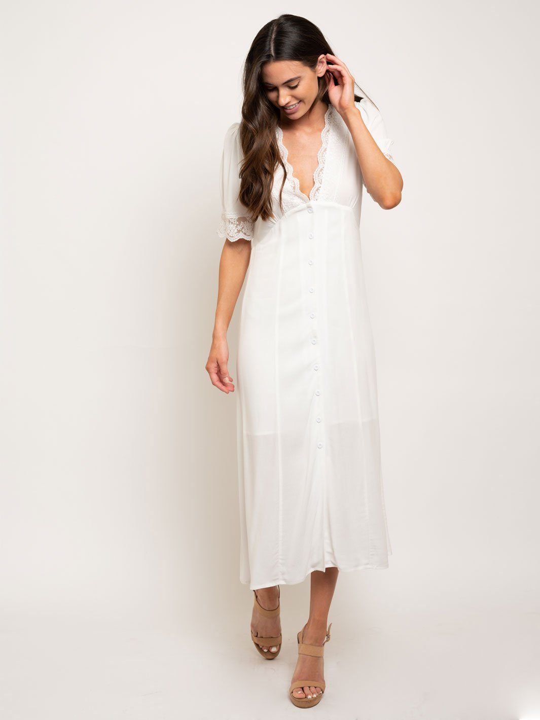 WOMEN'S BUTTON DOWN LACE ACCENTS MIDI DRESS