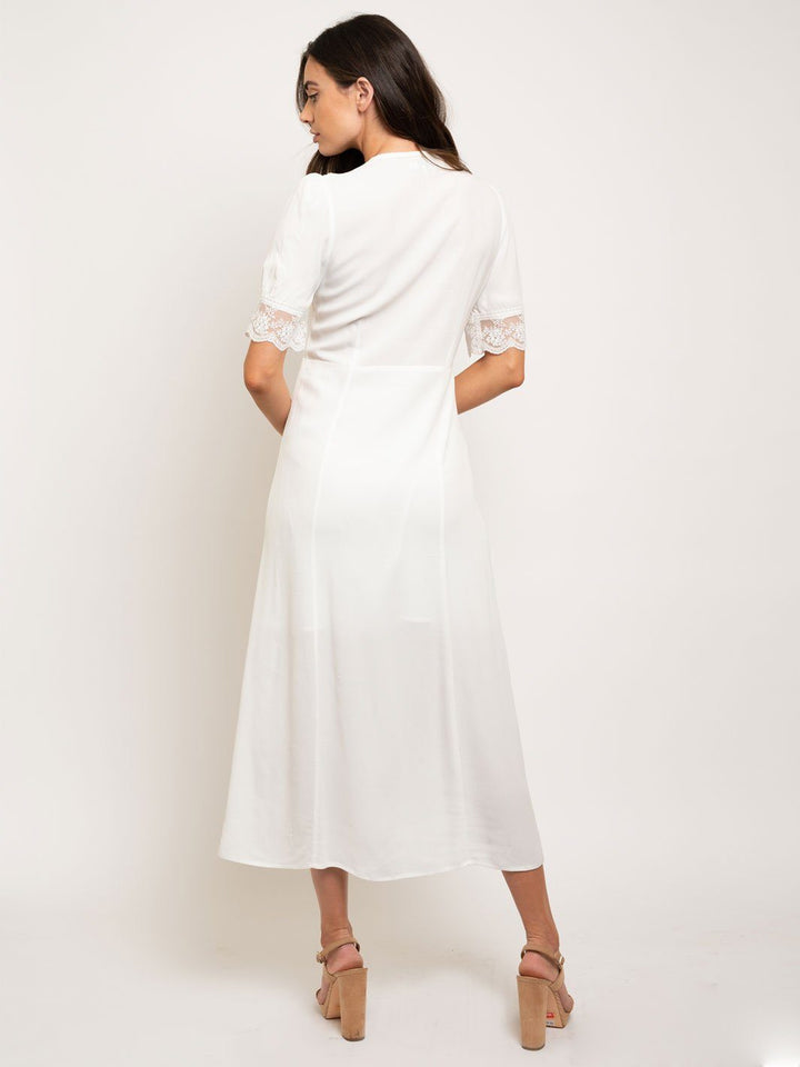 WOMEN'S BUTTON DOWN LACE ACCENTS MIDI DRESS