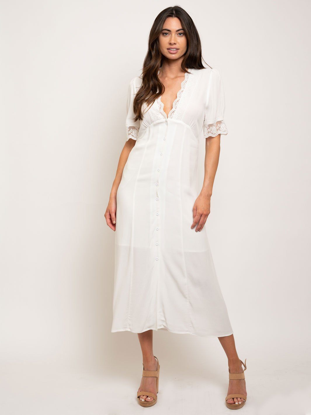 WOMEN'S BUTTON DOWN LACE ACCENTS MIDI DRESS