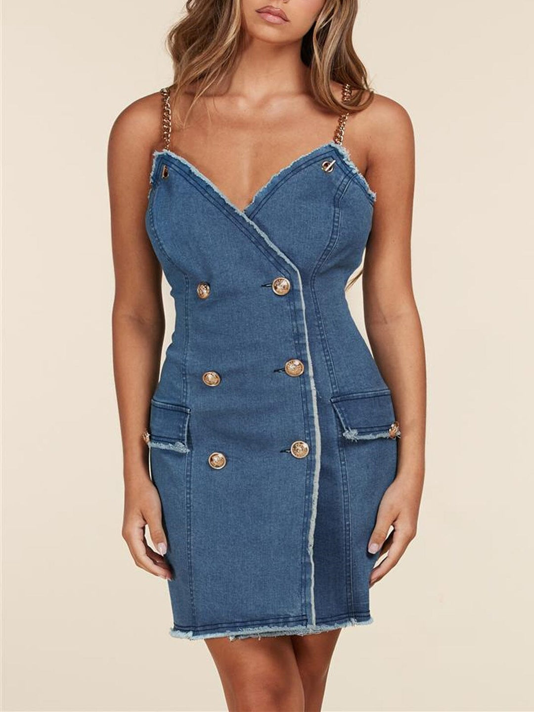 WOMEN'S SLEEVELESS CHAIN DETAILED DENIM MINI DRESS
