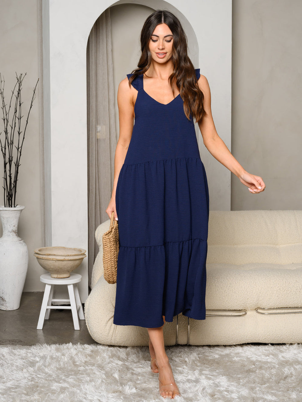 WOMEN'S SLEEVELESS RUFFLE STRAPS TIERED MIDI DRESS