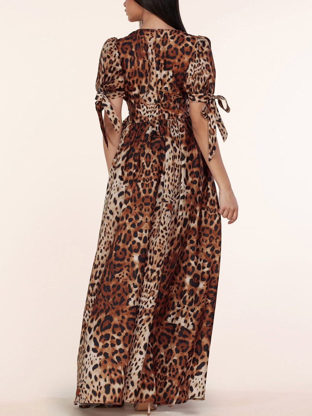 PLUS SIZE SHORT PUFF SLEEVE V-NECK FRONT SLIT LEOPARD MAXI DRESS
