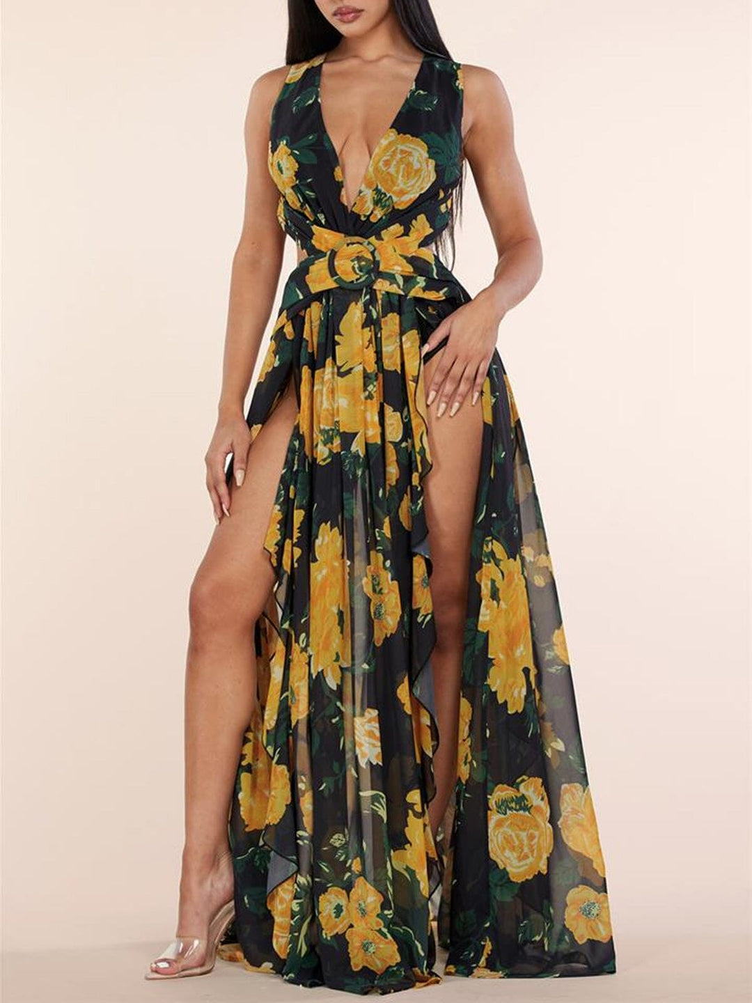 WOMEN'S SLEEVELESS V-NECK FRONT SLIT FLORAL MAXI DRESS