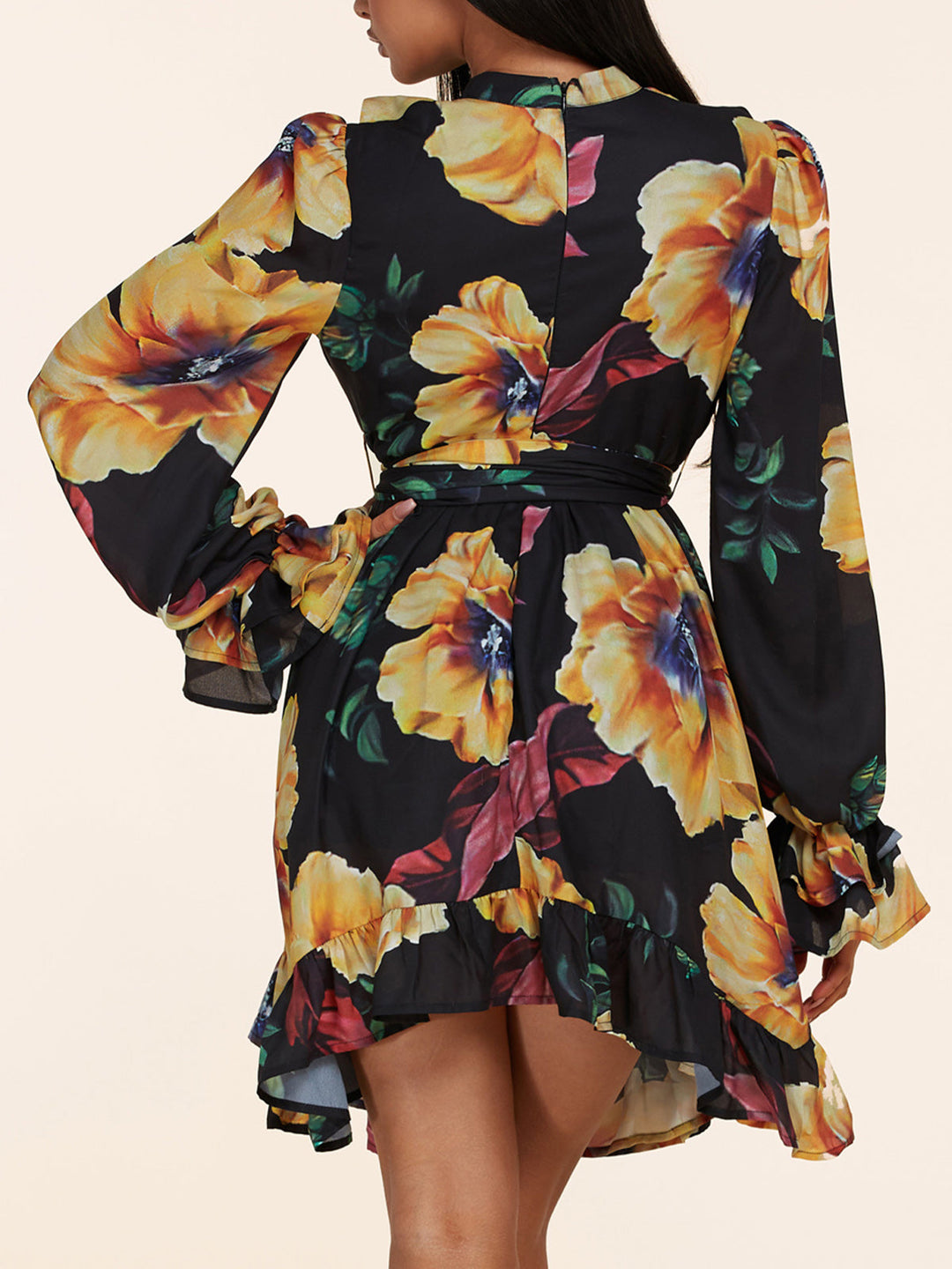 WOMEN'S LONG SLEEVE SELF TIE FLORAL RUFFLE MINI DRESS