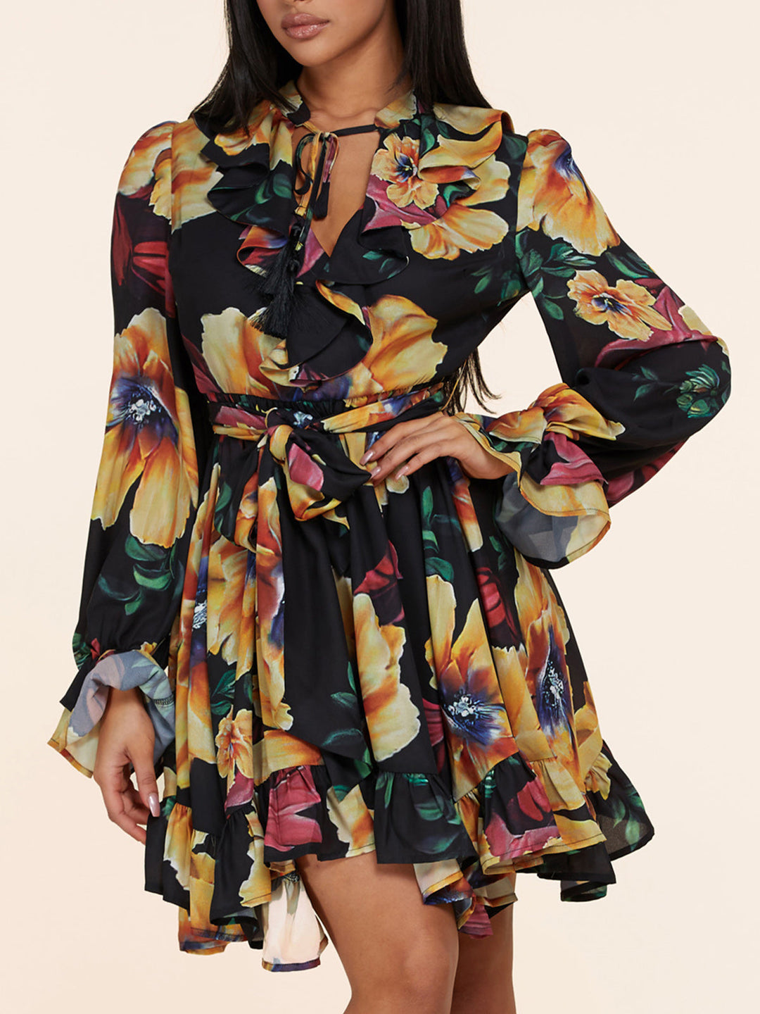 WOMEN'S LONG SLEEVE SELF TIE FLORAL RUFFLE MINI DRESS