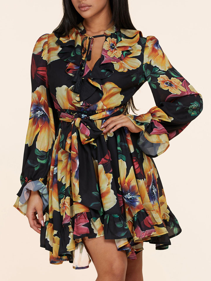 WOMEN'S LONG SLEEVE SELF TIE FLORAL RUFFLE MINI DRESS