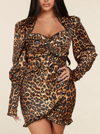 WOMEN'S LONG SLEEVE RUCHING FRONT ANIMAL PRINT MINI DRESS