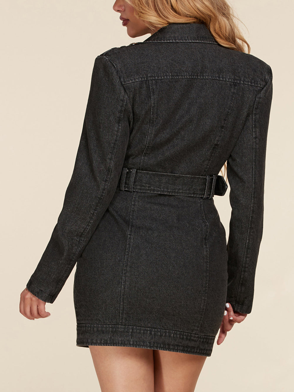 WOMEN'S LONG SLEEVE V-NECK BELT DENIM MINI DRESS