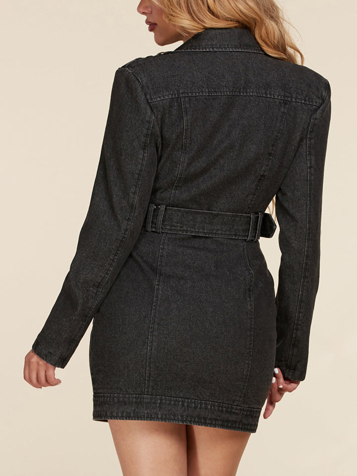 WOMEN'S LONG SLEEVE V-NECK BELT DENIM MINI DRESS