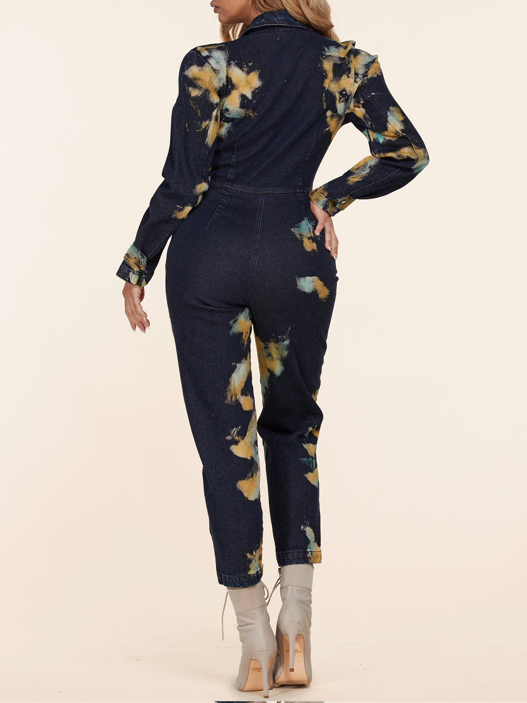 WOMEN'S LONG SLEEVE TIE DYE DENIM JUMPSUIT