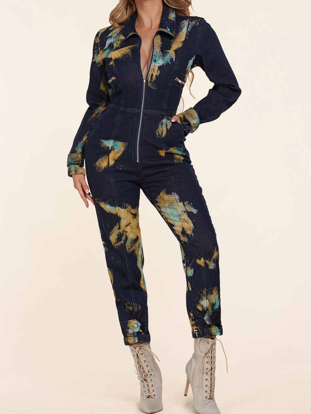 WOMEN'S LONG SLEEVE TIE DYE DENIM JUMPSUIT