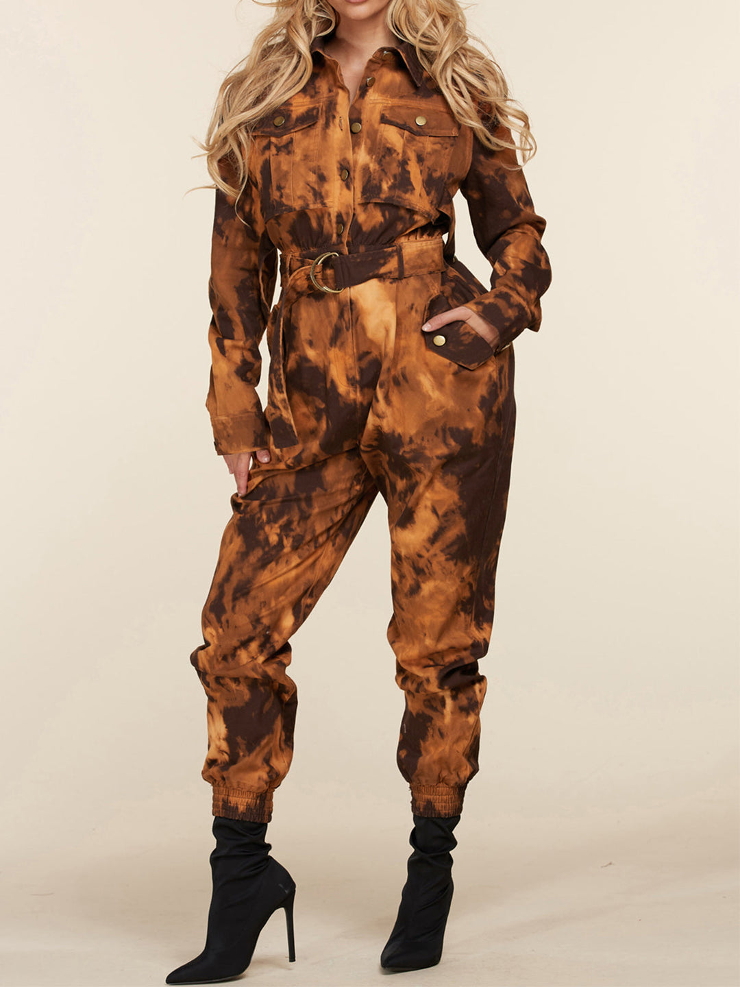 WOMEN'S LONG SLEEVE BUTTON UP TIE DYE DENIM JUMPSUIT