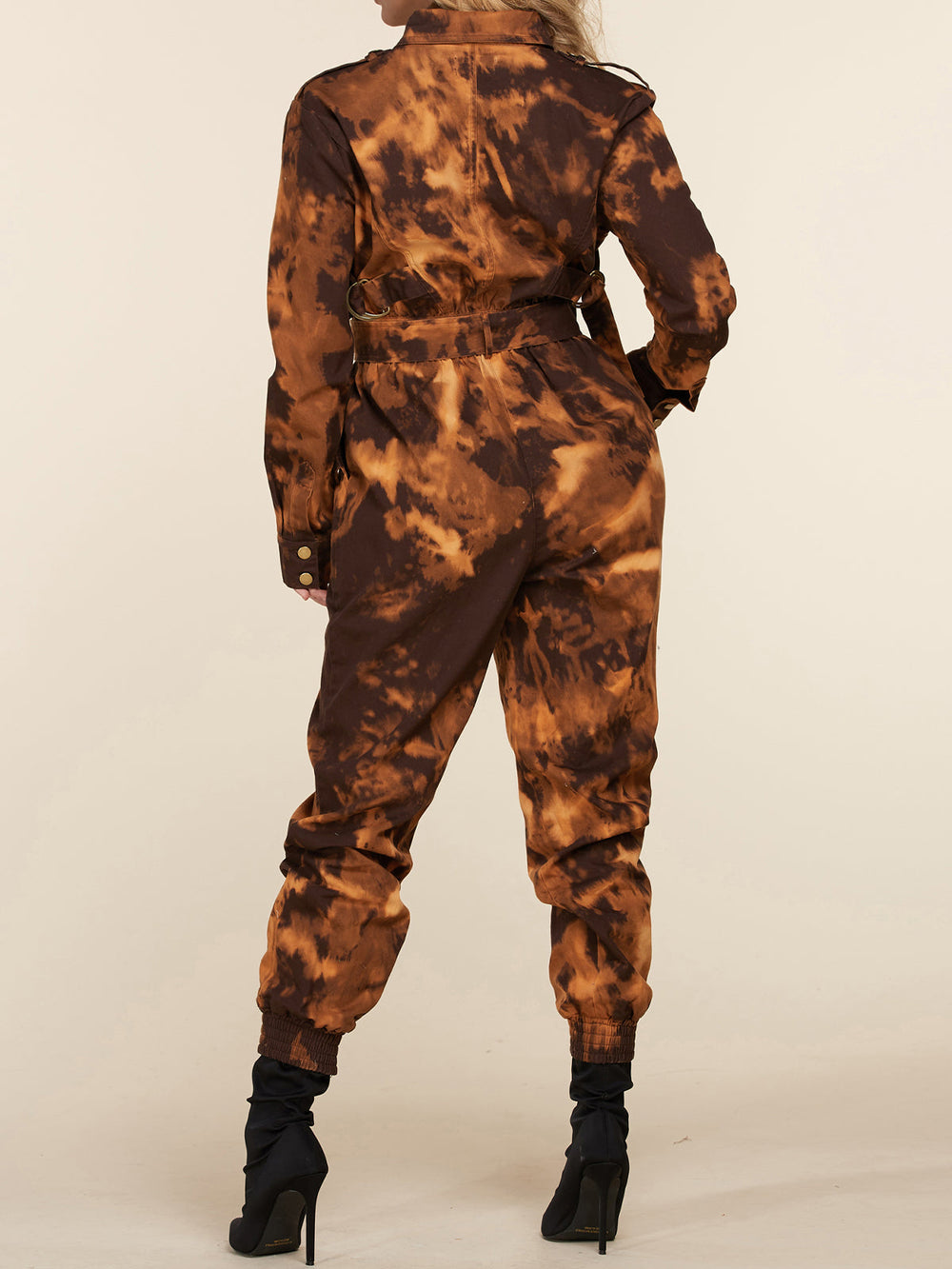 WOMEN'S LONG SLEEVE BUTTON UP TIE DYE DENIM JUMPSUIT