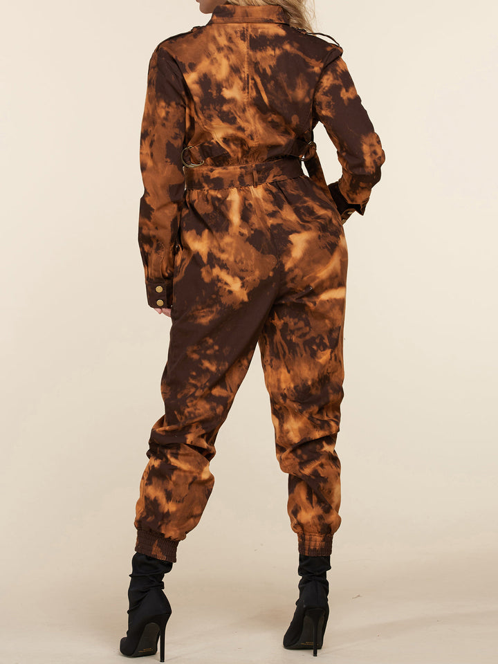 WOMEN'S LONG SLEEVE BUTTON UP TIE DYE DENIM JUMPSUIT