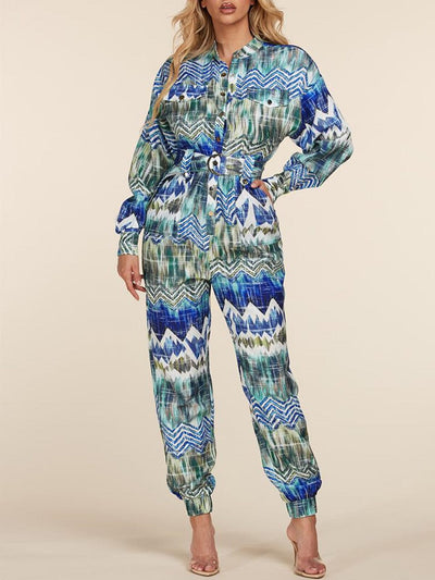 WOMEN'S LONG SLEEVE BUTTON UP MULTI PRINT JUMPSUIT