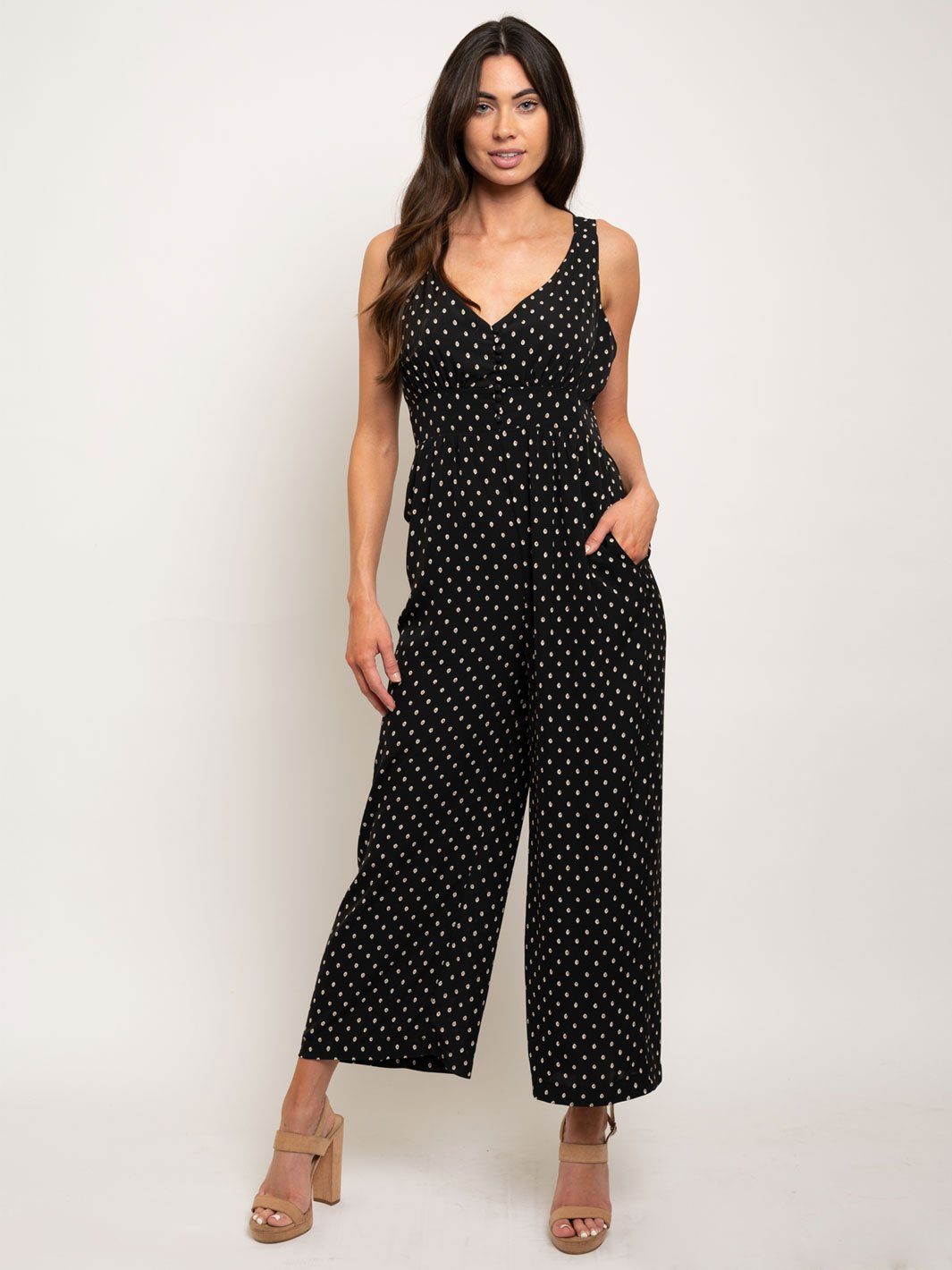 WOMEN'S SLEEVELESS BUTTON FRONT POCKETS JUMPSUIT