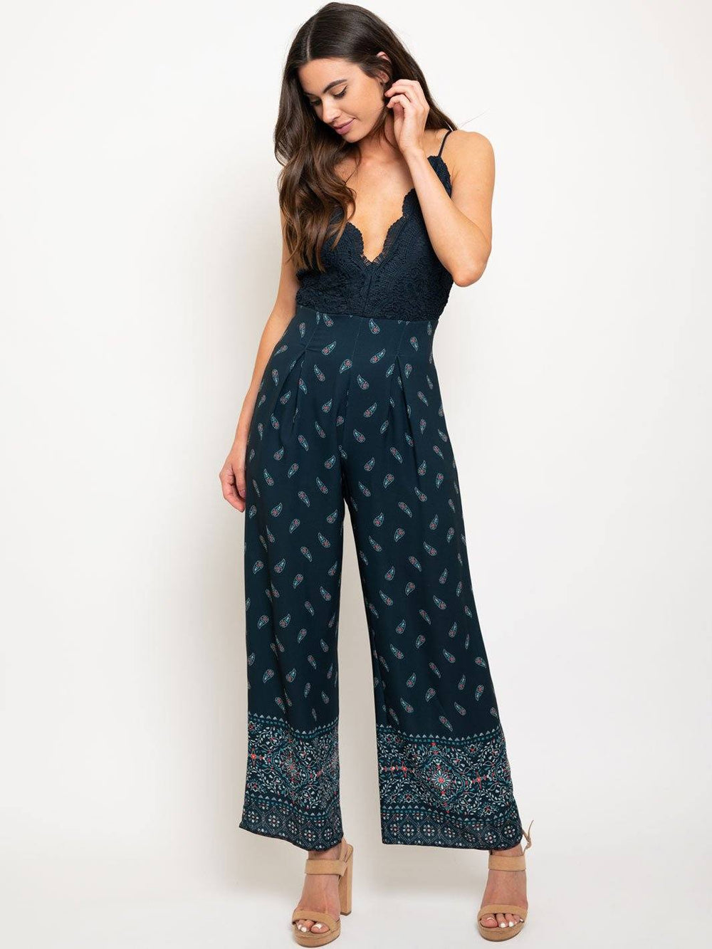 WOMEN'S LACE FLORAL PRINT OPEN BACK JUMPSUIT